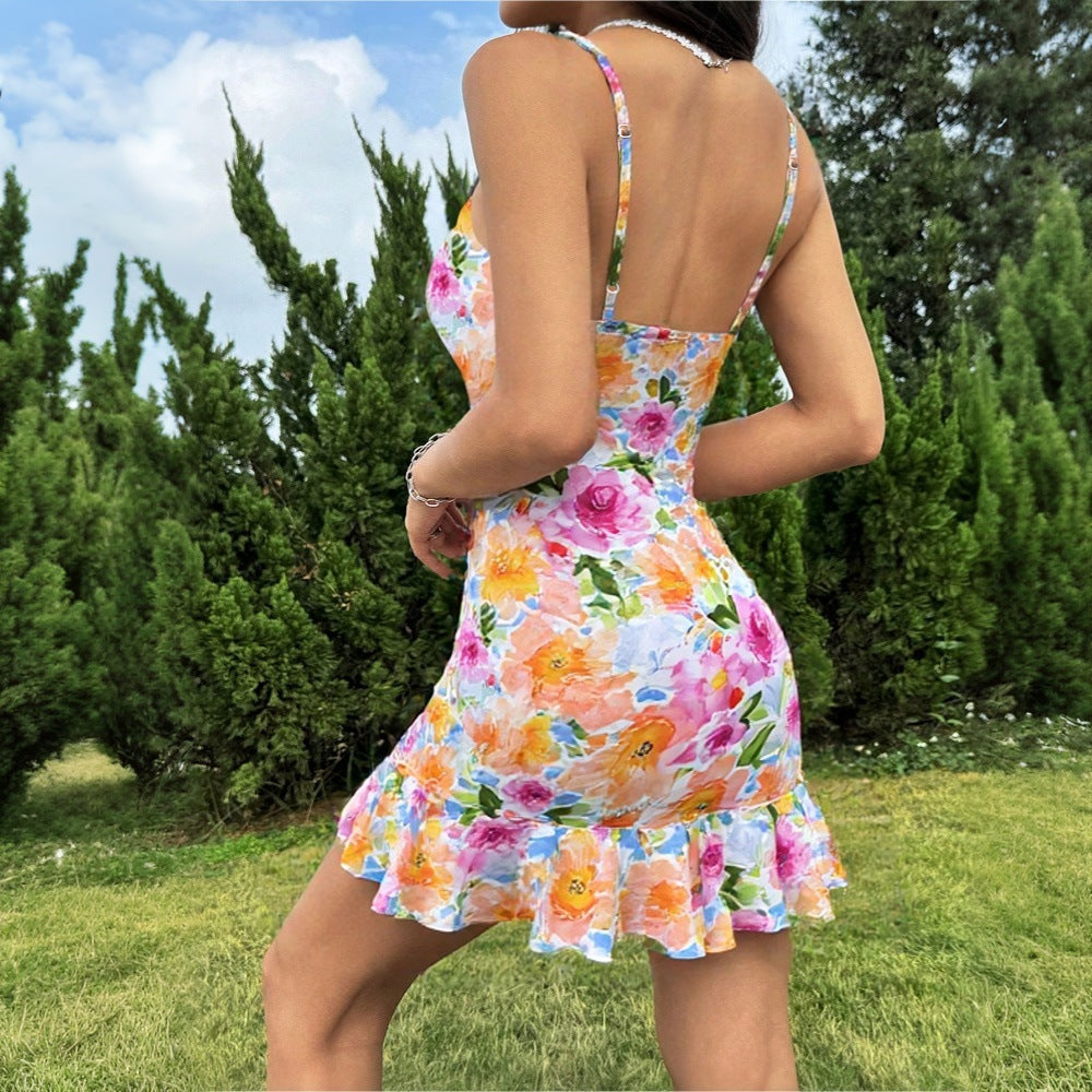 Women's sexy travel vacation style backless A-line suspender dress