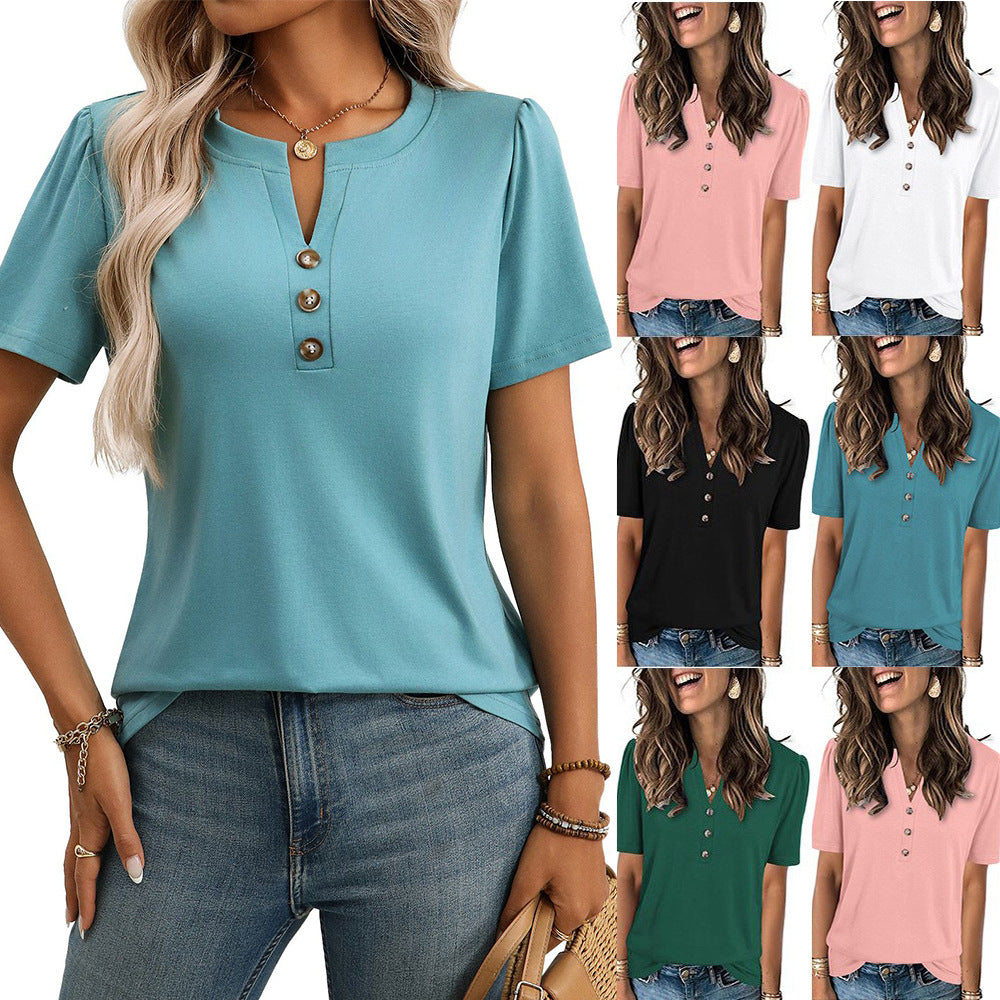 European and American solid color twisted buckle fashionable short sleeved T-shirt for women