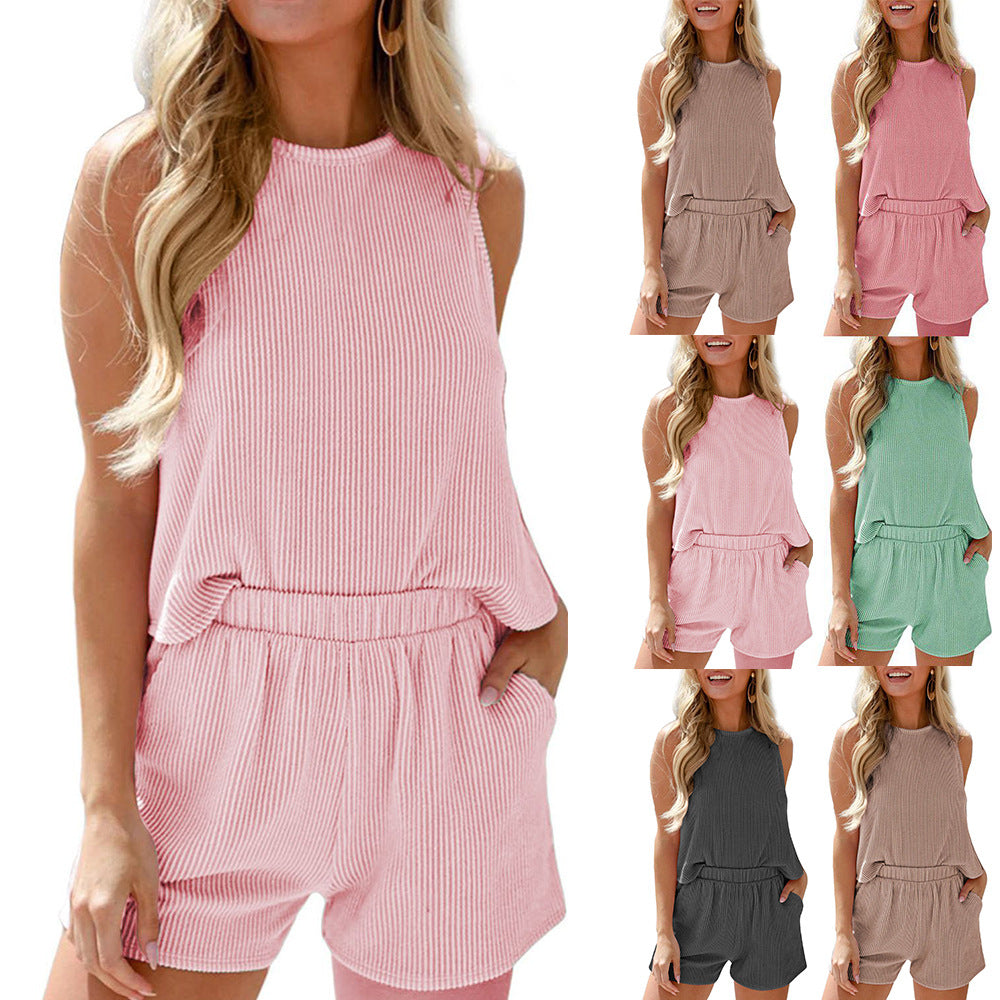 European and American women's sleeveless vest shorts striped two-piece set