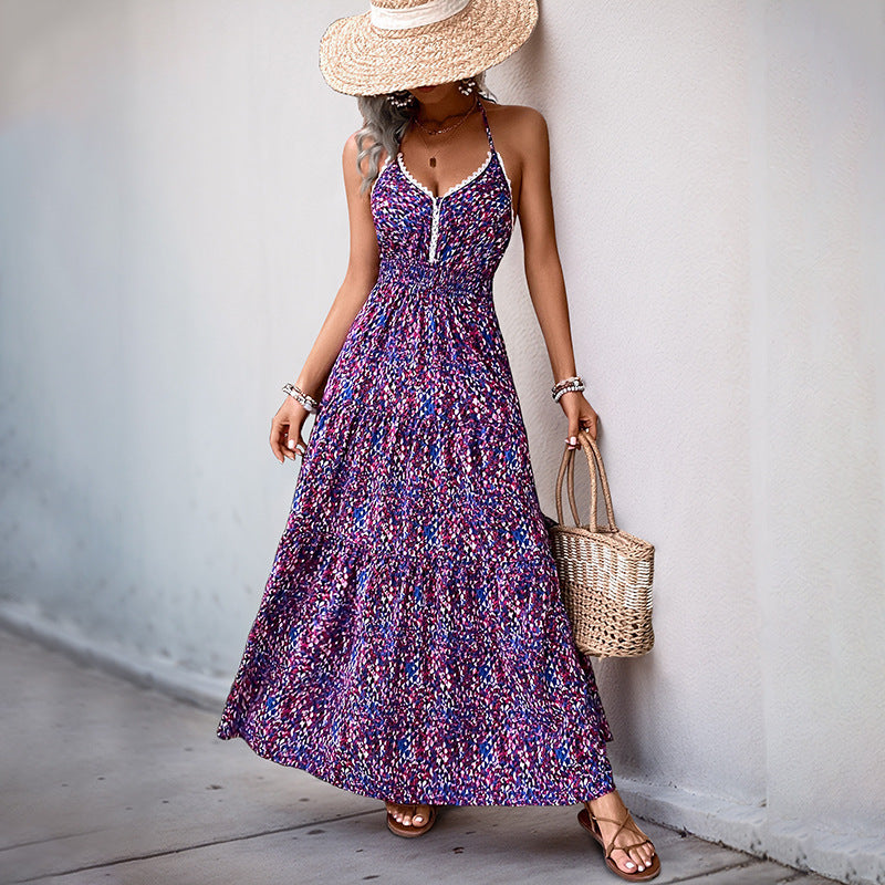 Robe de vacances décontractée à col V avec motif floral