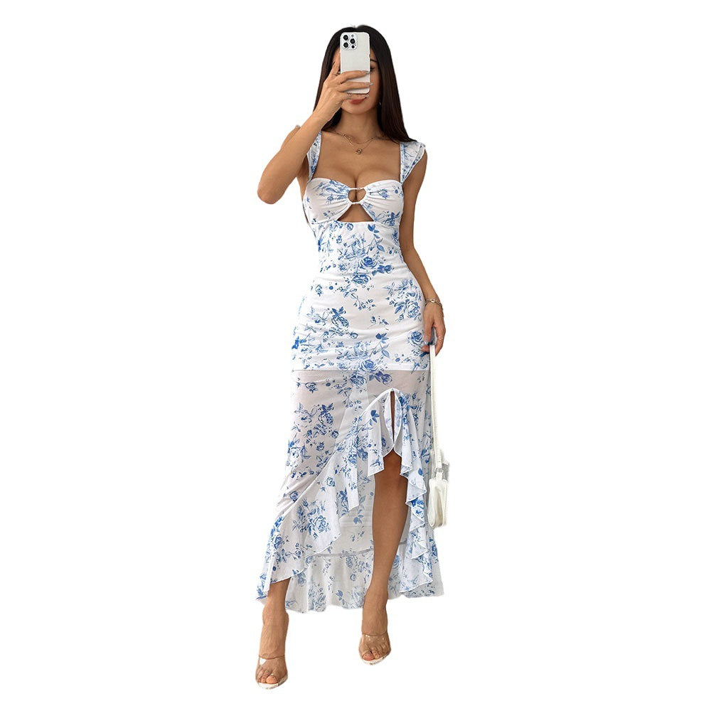 Women's sexy spicy girl slit floral dress summer sleeveless mid length skirt