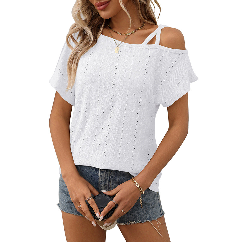 European and American one shoulder short sleeved T-shirt hollowed out top for women