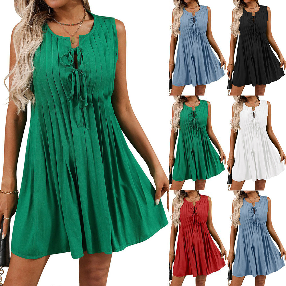 European and American women's lace up fashionable short sleeveless vacation dress
