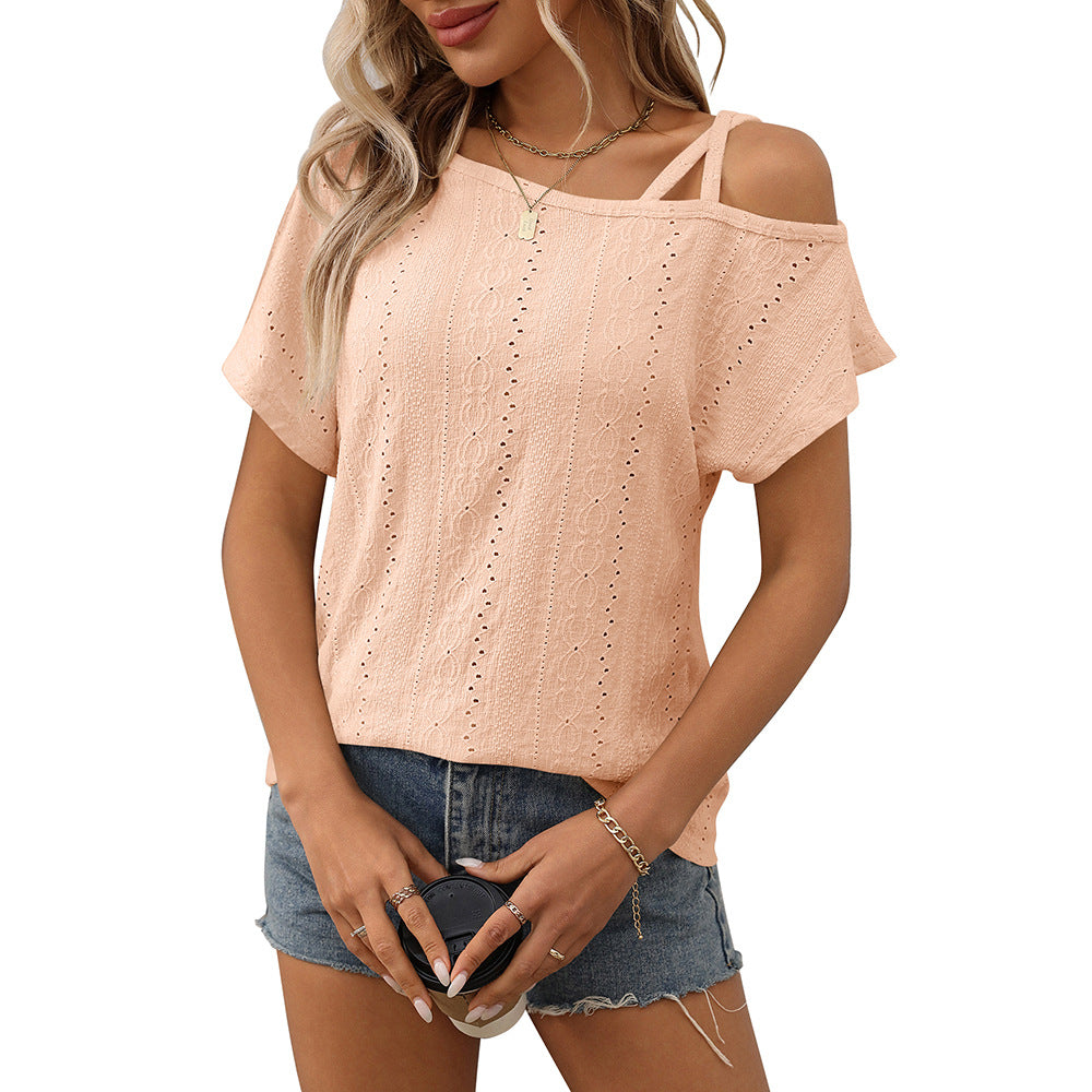 European and American one shoulder short sleeved T-shirt hollowed out top for women