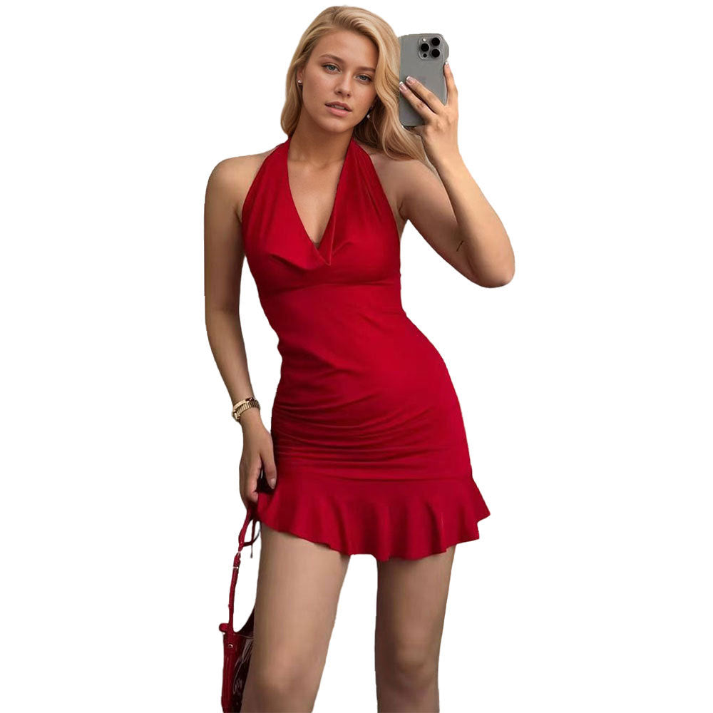 European and American style sexy V-neck slim fit hanging neck dress