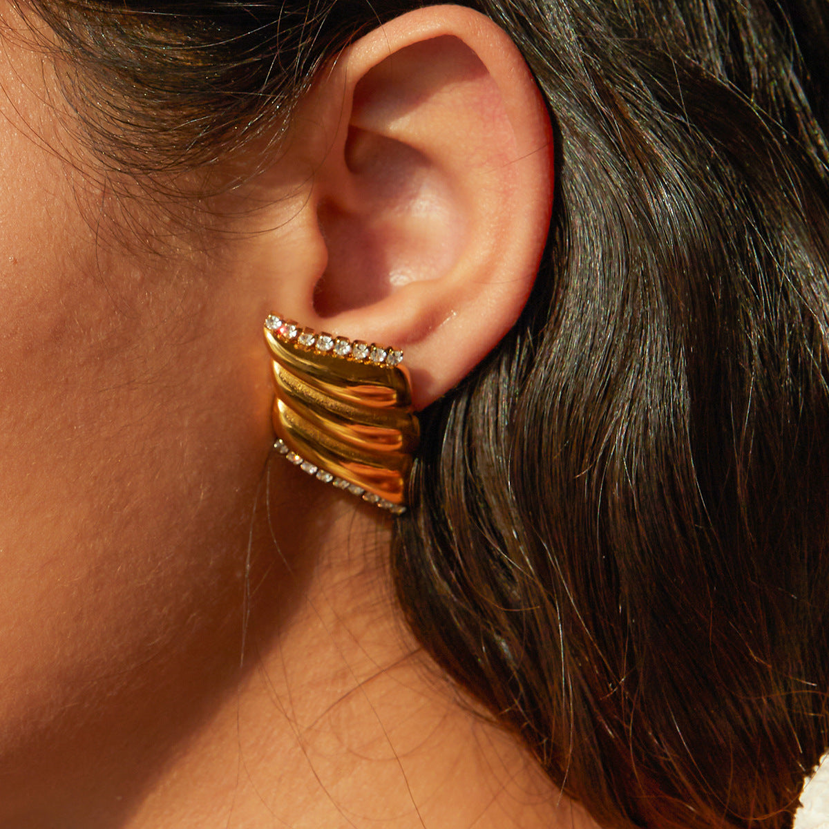Boucles d'oreilles en acier inoxydable avec zircon incrusté - Motif géométrique