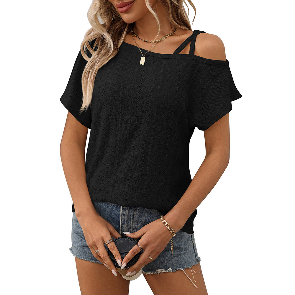 European and American one shoulder short sleeved T-shirt hollowed out top for women