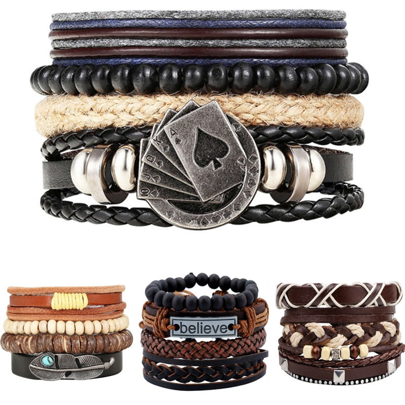 Punk Leather Bracelet Lucky Spade Straight Flush Poker Handmade Charm Bracelet Men Friendship homme Jewelry