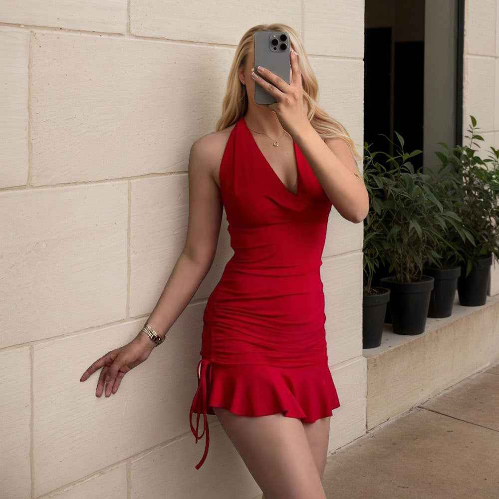 European and American style sexy V-neck slim fit hanging neck dress