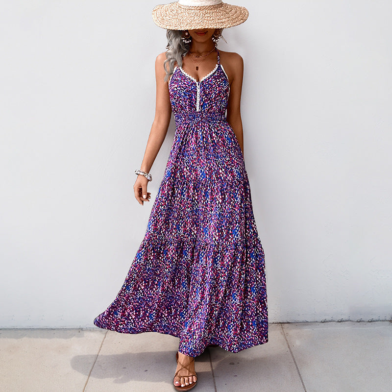 Robe de vacances décontractée à col V avec motif floral